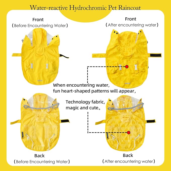 Dog Raincoat,Waterproof Rain Poncho with Hoodie, High Reflective Adjustable Pet Rain Jacket with Leash Hole for Small Medium and Large Dogs (Yellow(Water-Reactive Hydrochromic), Large: 22-37lbs)