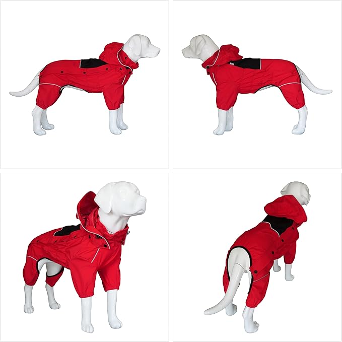 LOVELONGLONG Fleece-Lined Dog Raincoat with Removable Hood – Waterproof Winter Full Body Dog Jacket – Windproof Snowproof Cold-Weather Suit – Red-F M
