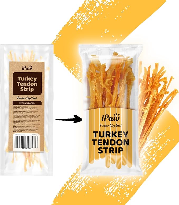 iPaw Turkey Tendons for Dogs, 100% Turkey and US Sourced Raw Material, Hypoallergenic, All Natural Human Grade Puppy Chew, Rawhide Alternative Dog Treats, 1 Unit/Pack Strip (Large)