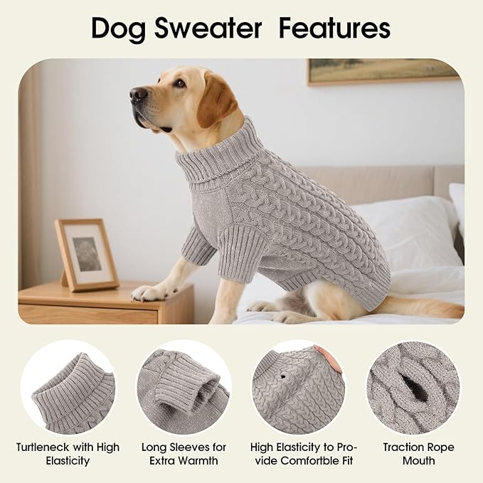 SAWMONG Dog Sweater, Dog Sweaters for Large Dogs Girls Boys, Pullover Turtleneck Knitted Doggy Sweatshirt, Cold Weather Pet Clothes（Grey, X-Large