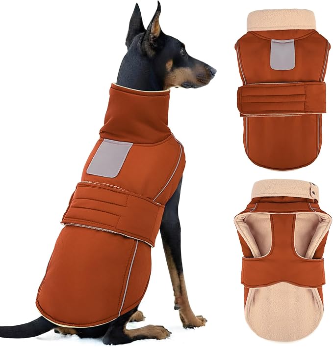 ASENKU Warm Dog Coat, Waterproof Dog Jackets for Large Dogs with Reflective Fleece Vest Turtleneck with Button,Windproof Cold Weather Coats for Small Medium Large Dogs, Red Brown, 4XL