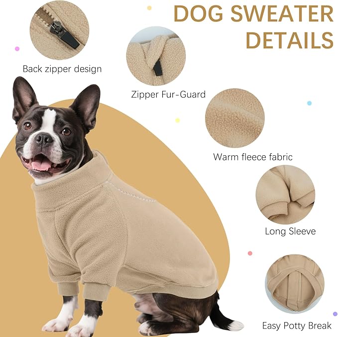 BRKURLEG Dog Sweater, Turtleneck Thick Dogs Sweatshirts Fleece Sweater, Dog Winter Coat for Small Medium Large Dogs, Pet Warm Sweaters with Zipper, Pullover Jacket with Sleeve (Light Coffee, S)