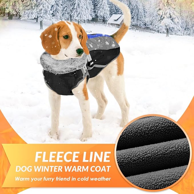 SlowTon Dog Jacket with Harness Built in - Waterproof Fleece Winter Warm Dog Coats for Small Medium Dogs, Reflective Adjustable Furry Puppy Vest Clothes for Outdoor Walking (Blue,XL)
