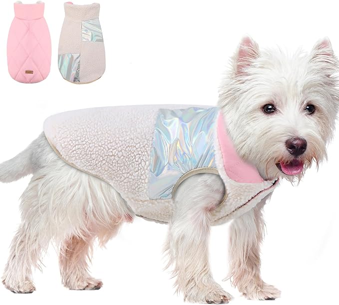 EMUST Small Dog Coat, Reversible Winter Jacket Coats for Small Dogs, Fuzzy Pet Apparel Vest for Small Medium Dogs, Cream, S