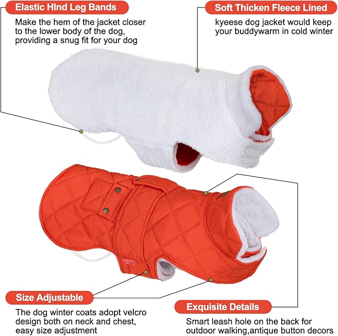 KYEESE Dog Coat Waterproof Cat Clothes for Cold Weather Windproof Pet Sweater with Fleece Lined Thick Dog Coats for Medium Dogs Soft Dogs Jacket with Pocket Warm Pet Winter Puffer Coat with Leash Hole