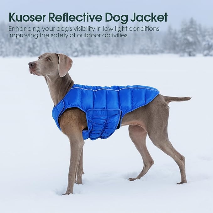 Kuoser Dog Puffer Jacket Warm Dog Coat for Medium Large Dogs, Windproof Reflective Pet Padded Vest Cold Weather Clothes Puppy Snowsuit with Hook & Loop Coats, Easy On/Off, Blue L