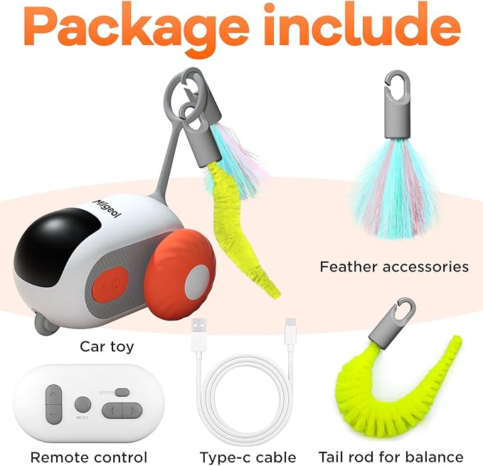 Turbo Tail 3.0 Interactive Cat Toy - Smart Remote Control Electric Mouse with Feathers, 3 Play Modes (Smart/Manual/Standby), Auto Obstacle Avoidance, Type-C, 8H Playtime - Orange (1PC)