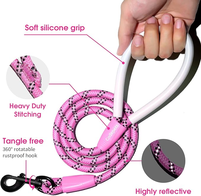 Detachable 2/5" Slip Lead, 4FT 6FT 8FT with Comfortable Silicone Handle Strong Rope Leash for Large Medium Small Dogs No Pull Highly Reflective Pet Training Leash (Pink-Black, 4FT)