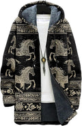 Mens Aztec Print Hoodie Heavyweight Cotton Fleece Jacket Zip Up Warm Long Sleeve Hooded Winter Midi Coat