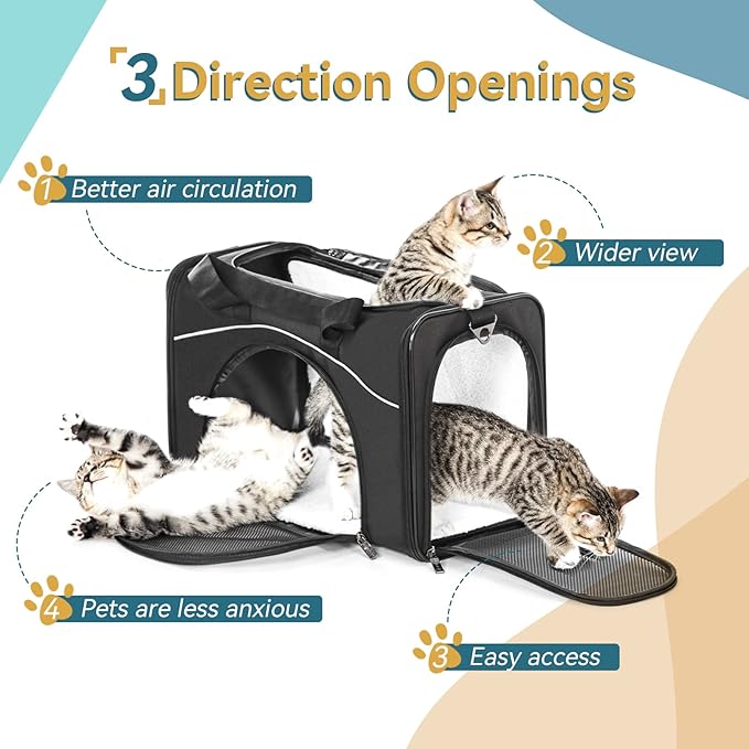 Petsfit Airline Approved Pet Carrier for Small Cats, 15x8x10 TSA Approved Carrier, with Removable Dual-Sided Padding (2-Way Placement) - Fits Under Most Airplane Seats, Escape Proof (Black)