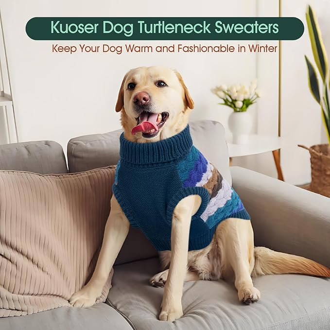 Kuoser Dog Sweater, Warm Dog Sweaters for Small Dogs Pet Christmas Clothing, Classic Cable Knitwear Cold Weather Thermal Pullover for Pug Dachshund Yorkie, Soft Puppy Turtleneck Sweatshirt, Blue S