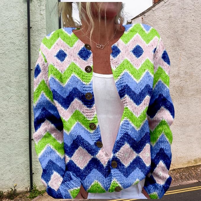 HOTYD Aztec Print Cardigans Sweaters for Women Crewneck Graphic Button Cardigan Casual Chunky Knit Sweater Fall Outfits