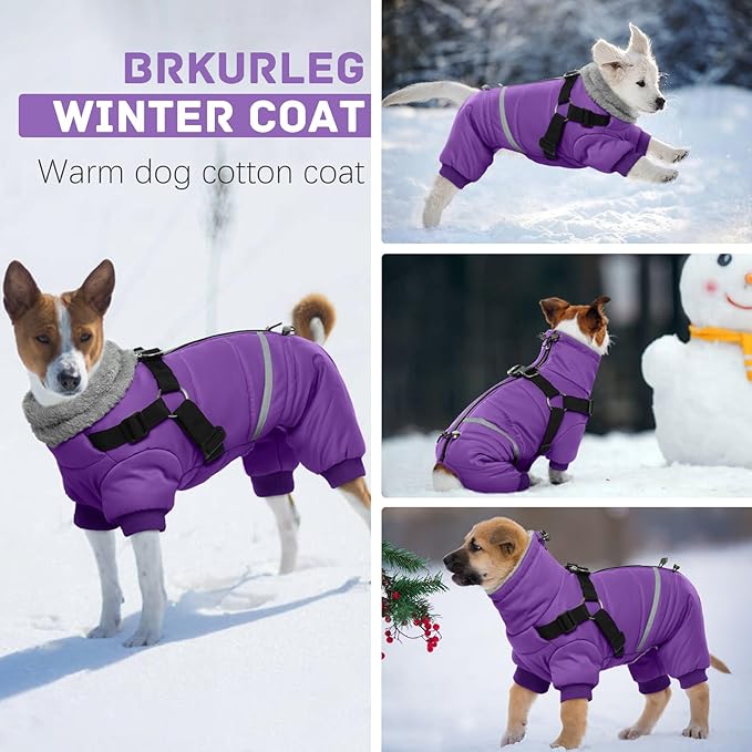BRKURLEG Purple Dog Coat with Harness, Dog Winter Jacket, Dogs Onesie Body Warm Jackets, Small Dogs Winter Coats Reflective Windproof Warm Cold Weather Coats, Pet Waterproof Jackets, L