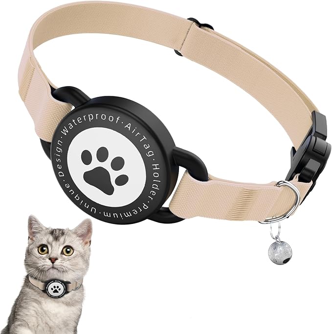 Airtag Cat Collar, Stretchy Kitten Collar with Apple Air Tag Holder, Lightweight and Comfortable, Ultra Elastic GPS Cat Collars for Cats Kittens and Puppies, 8-12.5 inch, Khaki
