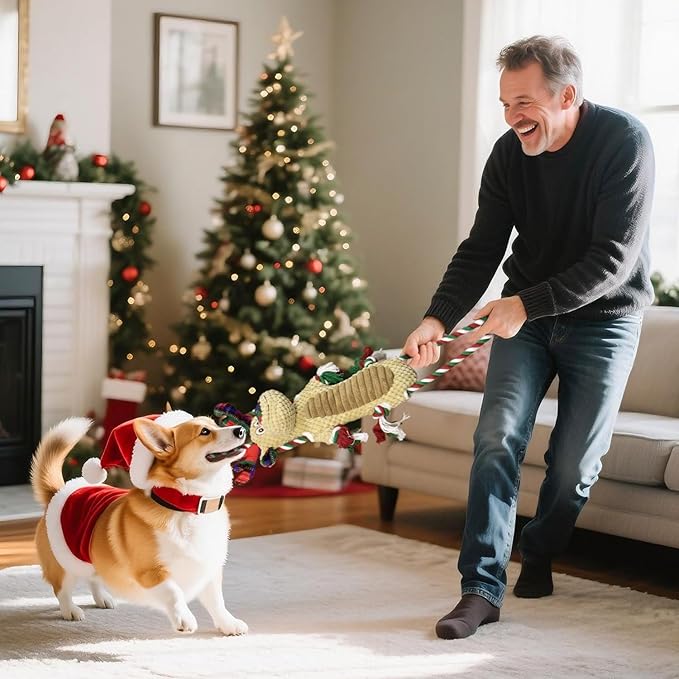 Christmas Squeaky Reindeer Dog Toys- Rope Tug of War Dog Toy for Puppy- Keep Them Busy and Entertained- Chew Toys for Medium & Large Breeds