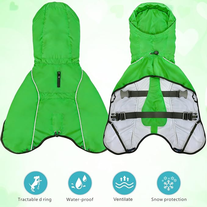 Mosucoirl Dog Raincoat Jacket Reflective Adjustable Hooded Pet Poncho Rain Coats with Leash Hole Waterproof Clothes for Small Medium Large Dogs (Green, XL)