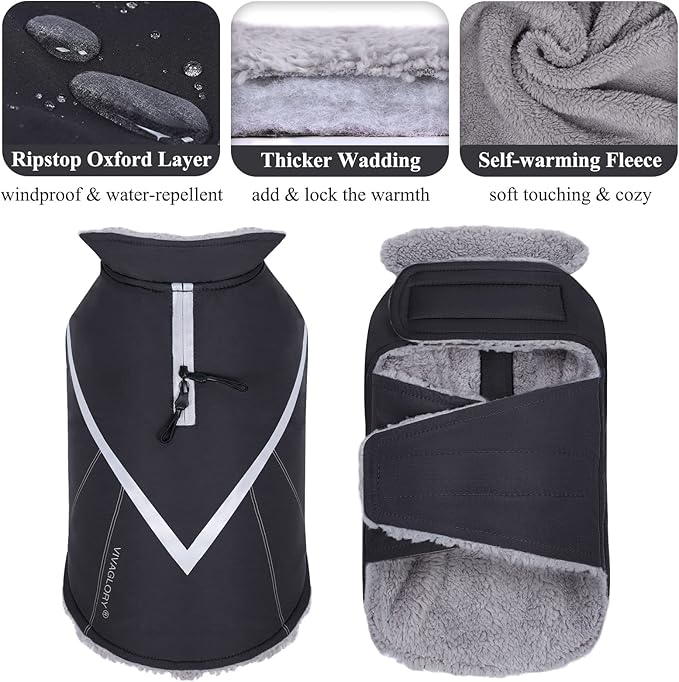 VIVAGLORY Snowrap Dog Coat, Jacket with Harness Hole & Velcro Closure, Dog Coat for Winter & Cold Weather, Fluffy Warm Fleece Lined Reflective Water Resistant for Puppy, XS, Black