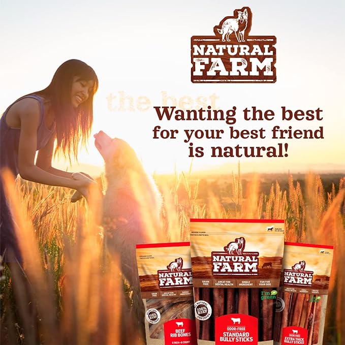 Natural Farm Odor-Free Super Collagen Dog Chews (6-Inch, 20-Pack) The First Ever Real Bull Sticks Alternative: 100% Natural Angus Hide Collagen Treats - More Protein, More Chew Time for All Dogs