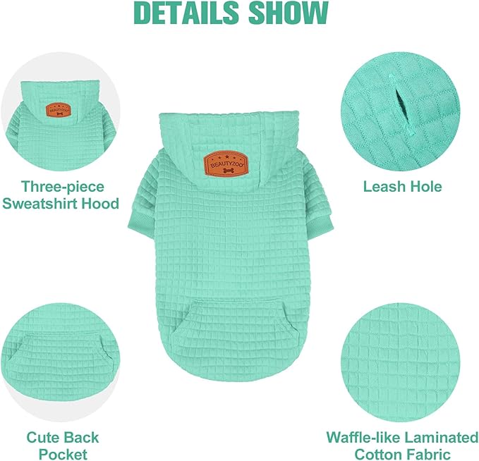 BEAUTYZOO Medium Dog Hoodie Sweater with Pockets, Dog Clothes for Small Medium Dogs Boy Girl, Waffle-Like Laminated Cotton Pet Coats with Hat and Leash Hole, Mint Green XL