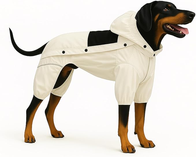 LOVELONGLONG Waterproof Dog Raincoat with Removable Hood – Outdoor Full Body Dog Jacket, Windproof Snowproof Shell Suit – All Season Pet Rain Gear Ivory L