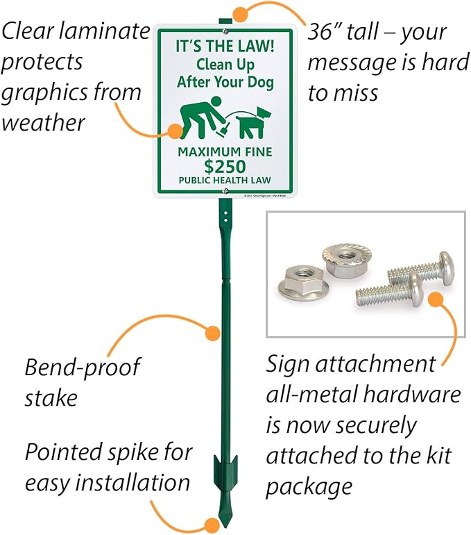SmartSign "It’s The Law! Clean Up After Your Dog - Maximum Fine $250" LawnBoss® Sign | 10" x 12" Aluminum Sign With 3' Stake