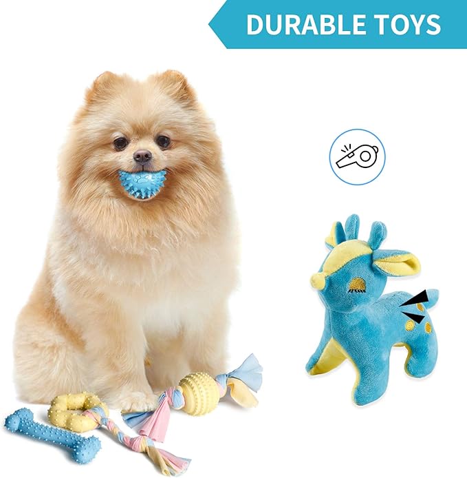 Toozey Puppy Teething Chew Toys - 7 Pack for Small Dogs, Cute Deer Plush Squeaky Toy, Durable TPR Chew Toy, 100% Natural Cotton Rope Toy, Non-Toxic and Safe