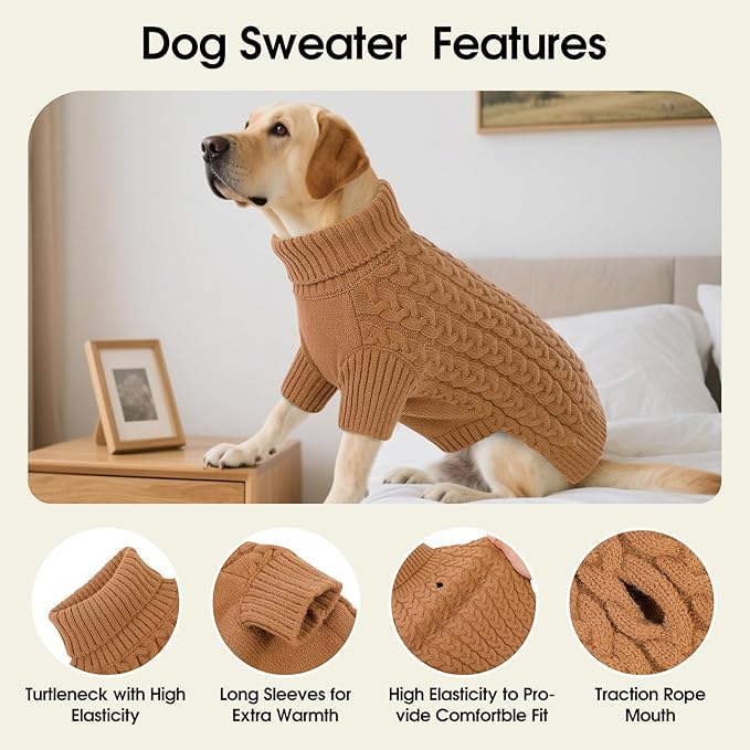 SAWMONG Dog Sweater, Dog Sweaters for Large Dogs Girls Boys, Pullover Turtleneck Knitted Doggy Sweatshirt, Cold Weather Pet Clothes（Khaki, X-Large