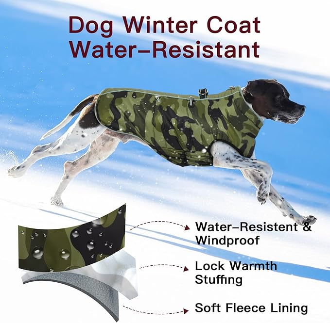 Dog Winter Jacket - 3X Large, Warm Zip Up Snowsuit Dog Harness Vest, Reflective, Water-Resistant, Camouflage