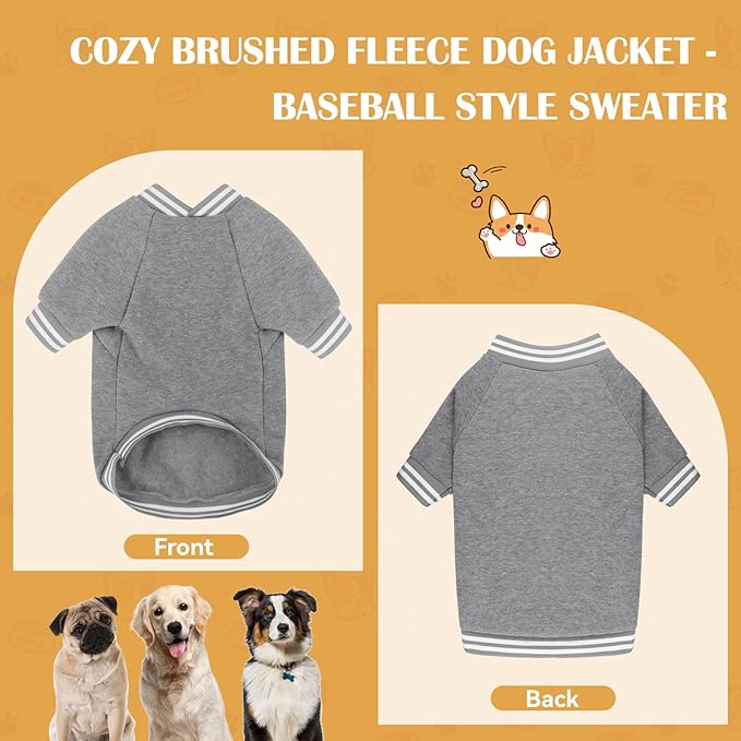 Dog Sweaters for Small Dogs, Brushed Fleece Dog Sweater Baseball Jacket Pet Clothes Soft Warm Sweatshirt Puppy Sweater Boy Girl Pet(Gray-S)