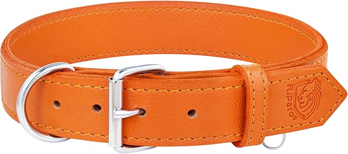 Riparo Dog Collar - Genuine Leather Dog Collars - Adjustable Dog Collars - Heavy Duty Hardware for Medium Large and Extra Large Dog Breeds (XXL, Orange)