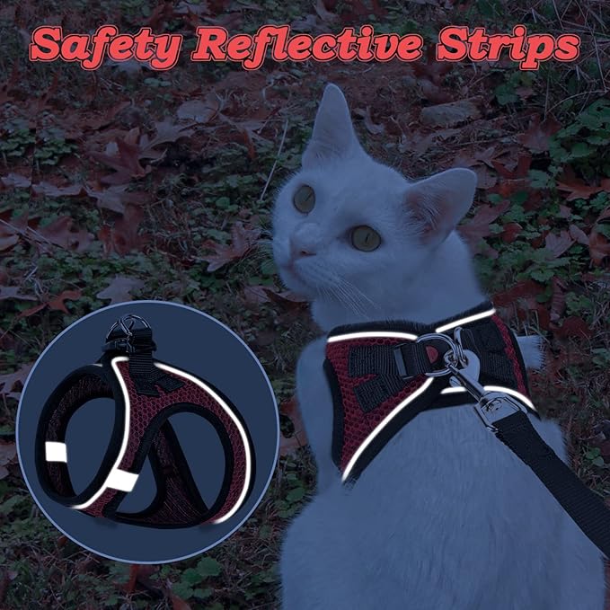 Cat Harness and Leash for Walking Escape Proof, Adjustable Kitten Vest Harness Reflective Soft Mesh Puppy Harness for Outdoor, Comfort Fit, Easy to Control (Red, XS)