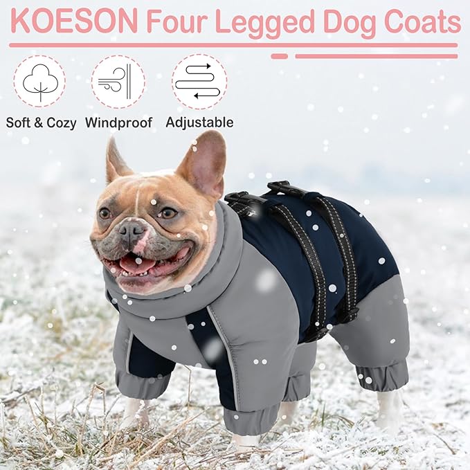 KOESON Four Legged Winter Coat, Warm Small Dog Jacket with Adjustable Buckles, Turtleneck Windproof Dog Fleece Jackets Reflective Fullbody Snowsuit Puffer Coat Blue Grey S