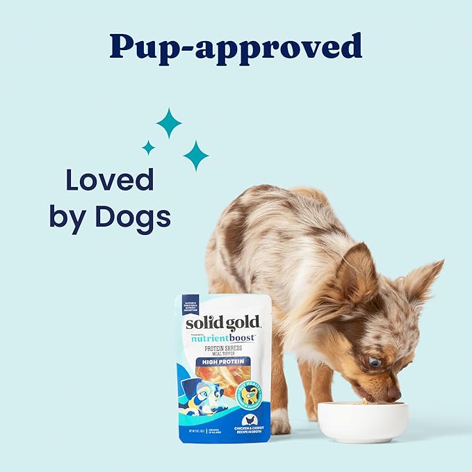 Solid Gold Protein Shreds Dog Food Topper for Dry Food- High Protein Meal Toppers for Dogs w/Chicken Shreds, Broth, Carrots & Superfoods to Supports Muscle Growth, Gut Health & Immunity -12 Pouches
