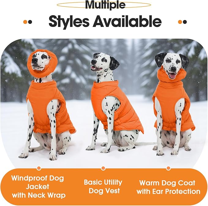 Large Dog Winter Coat with Back Zipper & Detachable Scarf, Waterproof Warm Dog Snow Jacket, Dogs Puffer Vest for Golden Retriever, German Shepherd, Orange 2XL