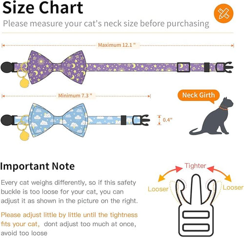 2 Pack Cotton Cat Collar with Bow Tie and Bell for Girl Boy Cats,Cute Purple Moon and Blue Cloud Pattern Spring Summer Breakaway Cat Collar for Male Female Cats(Moon&Cloud)