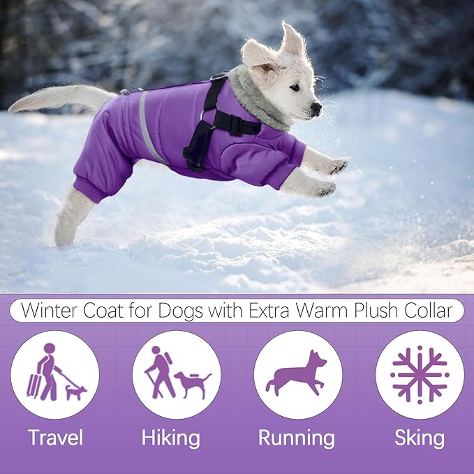 BRKURLEG Purple Dog Coat with Harness, Dog Winter Jacket, Dogs Onesie Body Warm Jackets, Small Dogs Winter Coats Reflective Windproof Warm Cold Weather Coats, Pet Waterproof Jackets, L