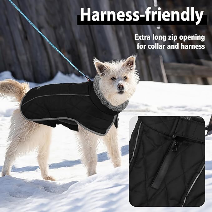 Fragralley Dog Coat Large, Waterproof Dog Jacket with Warm Fleece Lining, Adjustable Reflective Dogs Winter Coat, Turtleneck Pet Coats for Cold Weather (Black L)