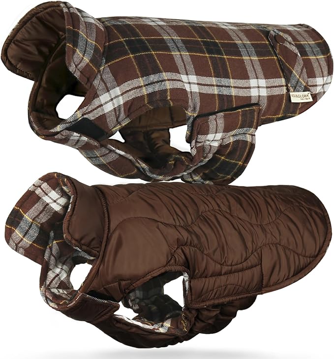 VIVAGLORY Softjoy Dog Coat, Dog Jacket for Winter & Christmas, Coat with Harness Hole & Velcro Closure, Reversible Plaid Checkered Warm Fluffy Heavy Duty for Puppy, L, Coffee