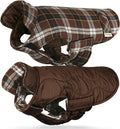 VIVAGLORY Softjoy Dog Coat, Dog Jacket for Winter & Christmas, Coat with Harness Hole & Velcro Closure, Reversible Plaid Checkered Warm Fluffy Heavy Duty for Puppy, S, Coffee