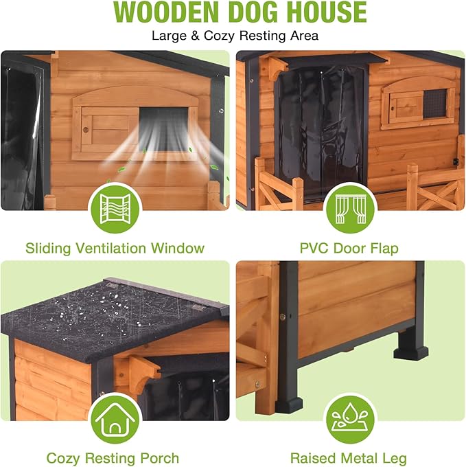 GUTINNEEN Outdoor Wooden Dog House with Metal Frame, Porch and Ventilation Window, Weatherproof Shelter for Small to Medium Dogs, 44.6" L x 41.1" W x 32.9" H (Brown)