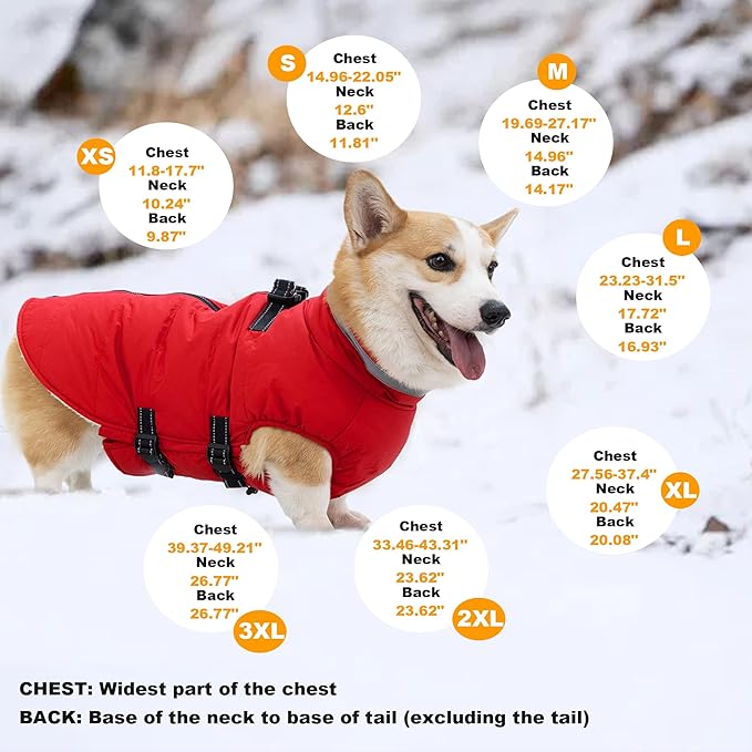 Large Dog Coat with Harness Built-in, Waterproof Reflective Fleece Lined - Warm Windproof Winter Jacket with Back Zipper, Cold Weather Snow Dog Coats - Red - 3XL
