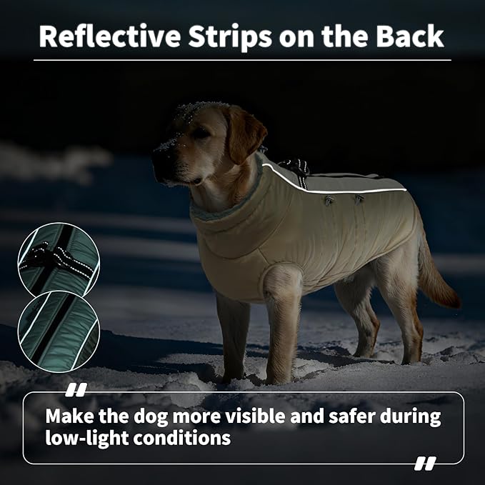 IDOMIK Warm Dog Coat with Harness, Waterproof Reflective Dog Jackets for Small Medium Large Dogs, Fleece High Collar Winter Jacket with Zipper, Pet Winter Snowsuit Clothes for Cold Weather,Khaki M