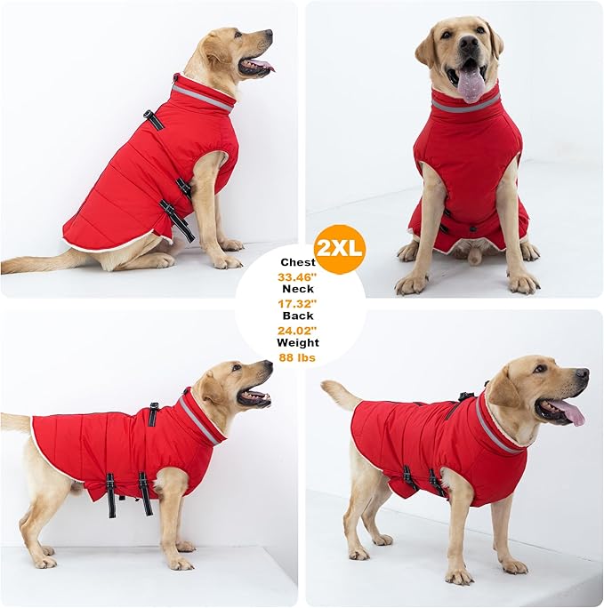 Large Dog Coat with Harness Built-in, Waterproof Reflective Fleece Lined - Warm Windproof Winter Jacket with Back Zipper, Cold Weather Snow Dog Coats - Red - 3XL