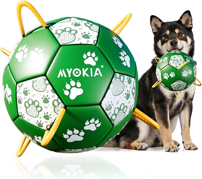 Size 2 Dog Soccer Ball with Straps Durable Training Ball for Pets Interactive Outdoor Dog Toy, Green & White, Paw Design, for Small & Medium Puppie