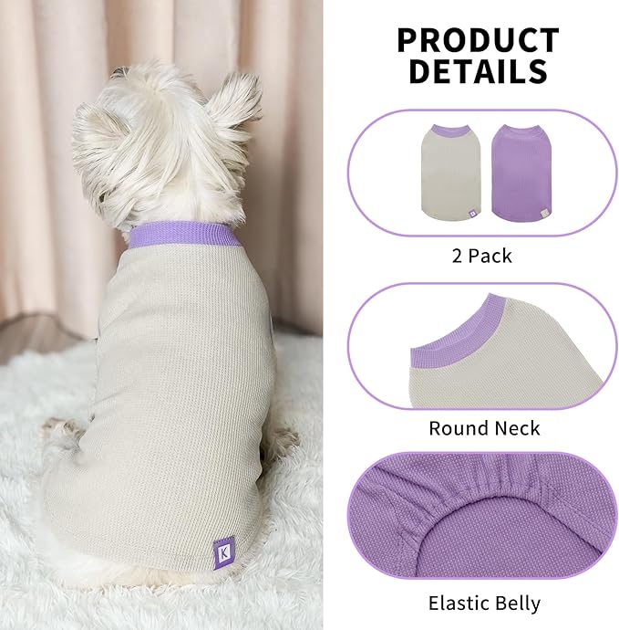 KYEESE 2Pack Dog T-Shirts Waffle, Stretchy T-Shirts, Lightweight Tank Top, Sleeveless Vest, Breathable, XX-Large, Purple + Grey