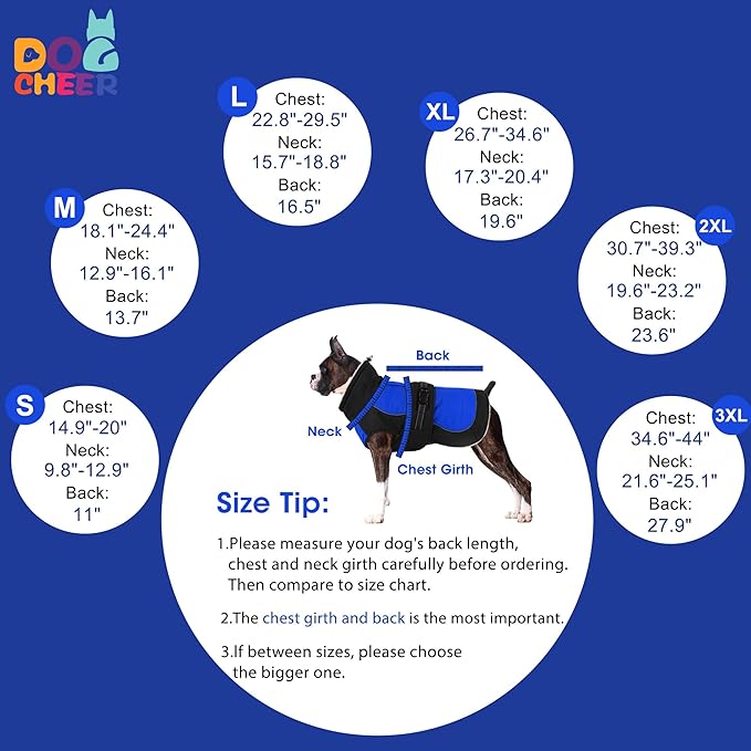 Dogcheer Waterproof Dog Coat, Christmas Dog Winter Jacket, Adjustable Puppy Fleece Coat for Cold Weather, Reflective Turtleneck Snow Jacket for Small Medium Large Dogs - Blue, S