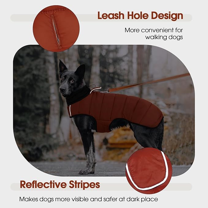 IDOMIK Dog Winter Coat, Warm Waterproof Dog Puffer Jacket with Harness Hole, Adjustable Reflective Snow Jacket Vest with Turtleneck, Pet Cold Weather Coats for Medium Dogs,Caramel,M