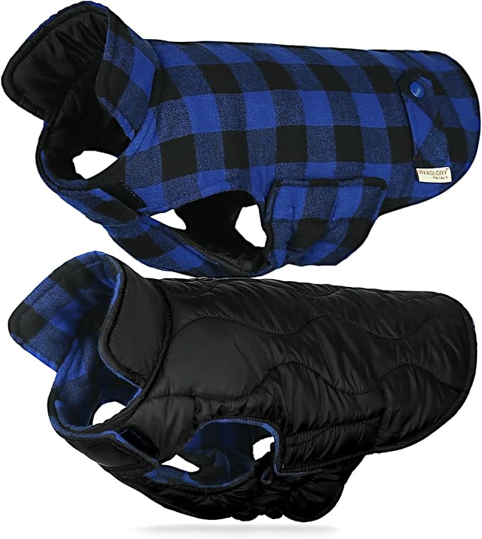 VIVAGLORY Softjoy Dog Coat, Dog Jacket for Winter & Christmas, Coat with Harness Hole & Velcro Closure, Reversible Plaid Checkered Warm Fluffy Heavy Duty for Puppy, M, Sapphire Blue Plaid