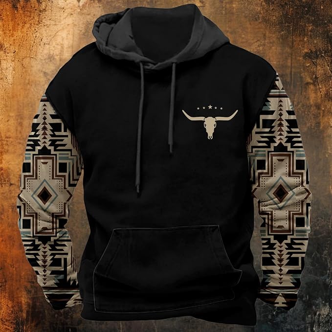 HOTYD Mens Western Aztec Sweatshirts Long Sleeve Fall Fashion Drawstring Pullover Vintage Graphic Cowboy Hoodie for Men