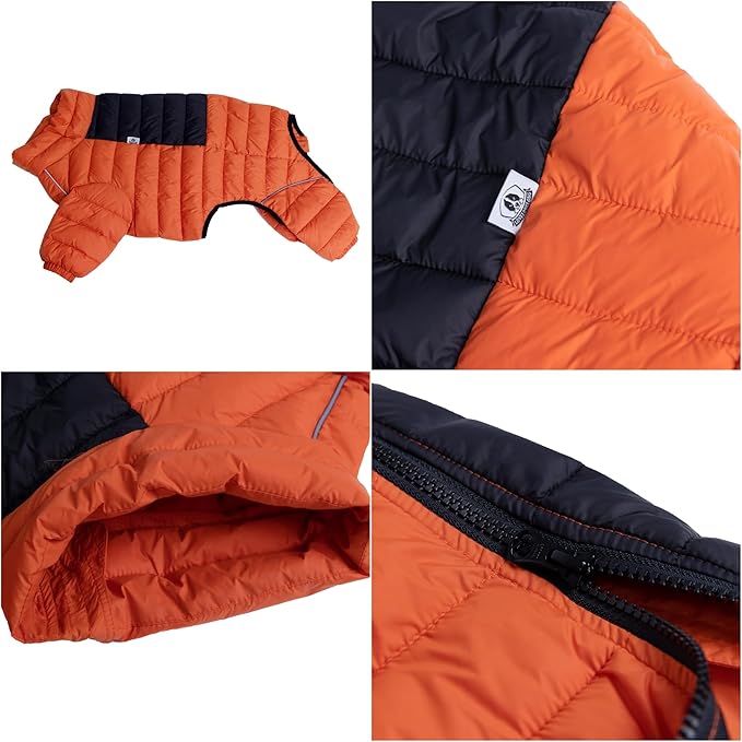 Dog Coat Dog Warm Jacket, 4 Legs Covered Waterproof Windproof Reflective Warm Dog Vest, Zippered Adjustable Outdoor Dog Snow Jacket for Small Medium Large Dogs Orange L